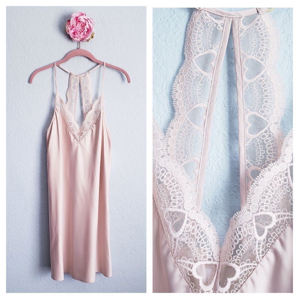 Flora Nikrooz Champagne Satin Heart Detail Lace Chemise Nightgown